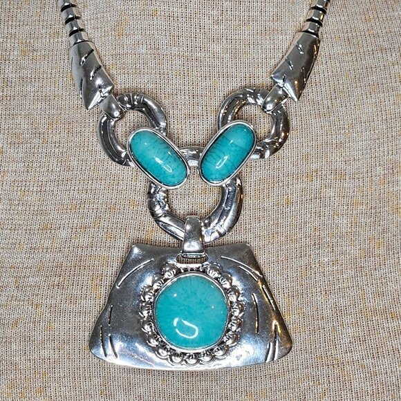 Navajo Style Statement Necklace Faux Turquoise Silvertone 20" Long Boho - Picture 3 of 7